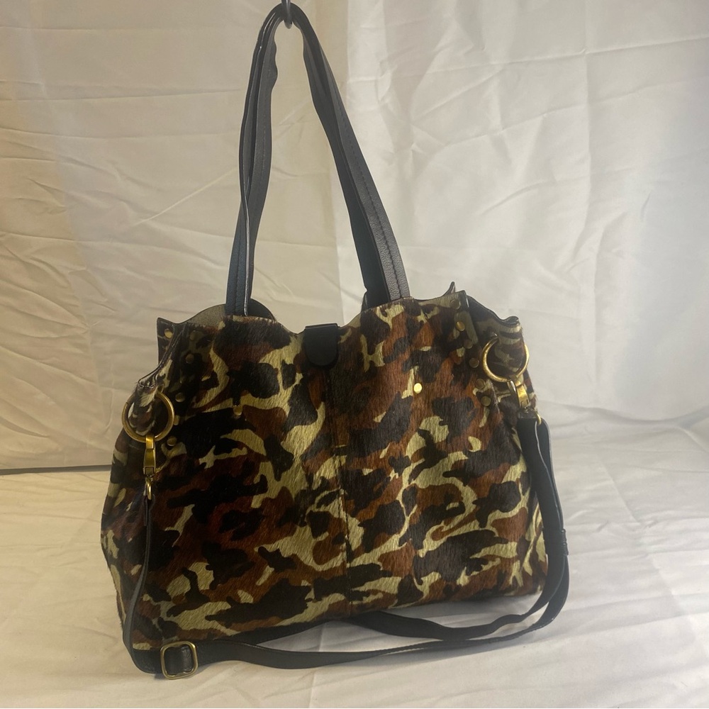 Brown and Black Camouflage Shoulder Bag with Leather Trim